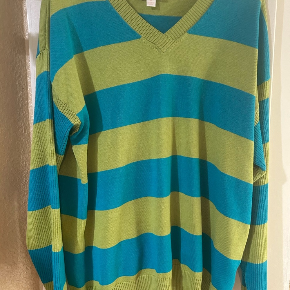 Kim Gravel women’s V-Neck Stripe Sweater in Teal and Lime